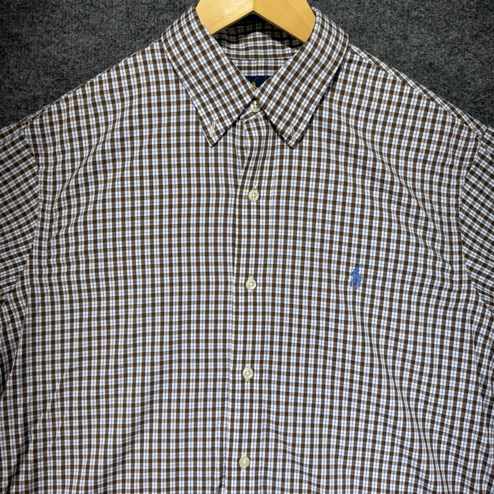 Ralph Lauren Classic Fit Button Down Shirt Mens Medium Brown Gingham Stretch